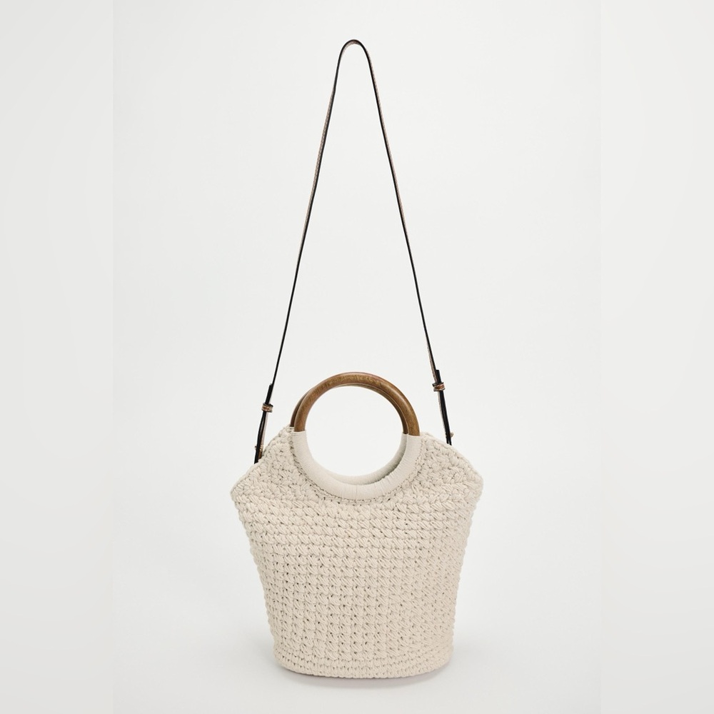 Zara Cream Crochet Tote with Brown Wooden Handles and Black Strap